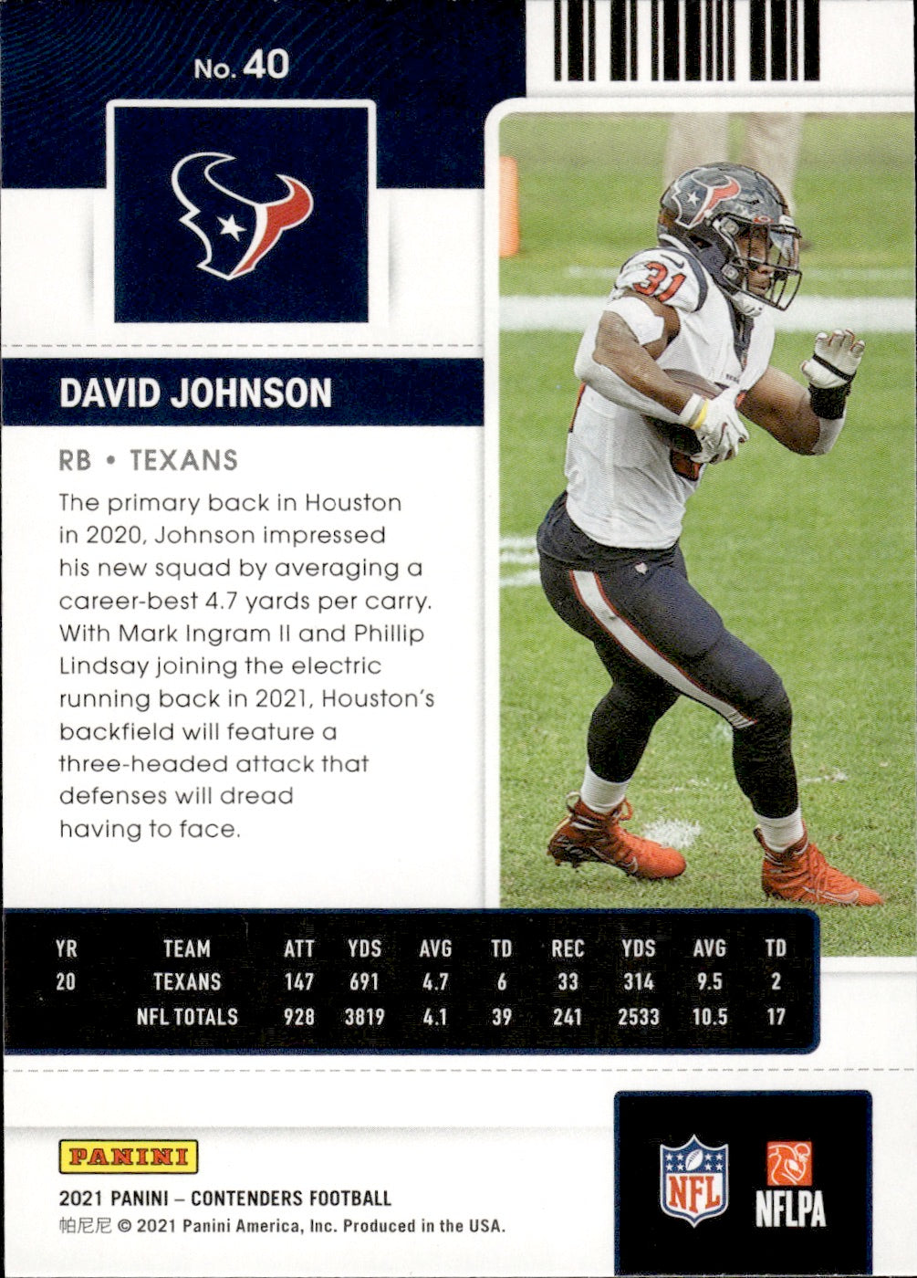 2021 Panini Contenders Football #40 David Johnson - Houston Texans