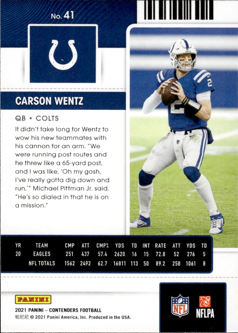 2021 Panini Contenders Football #41 Carson Wentz - Indianapolis Colts