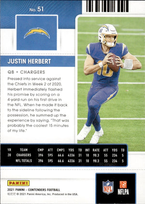 2021 Panini Contenders Football #51 Justin Herbert - Los Angeles Chargers