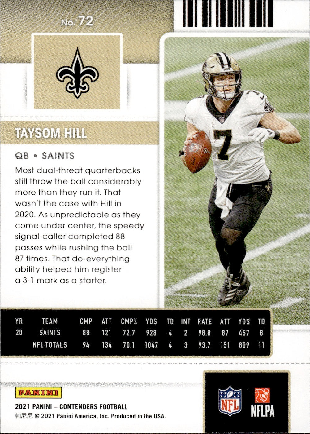 2021 Panini Contenders Football #72 Taysom Hill - New Orleans Saints