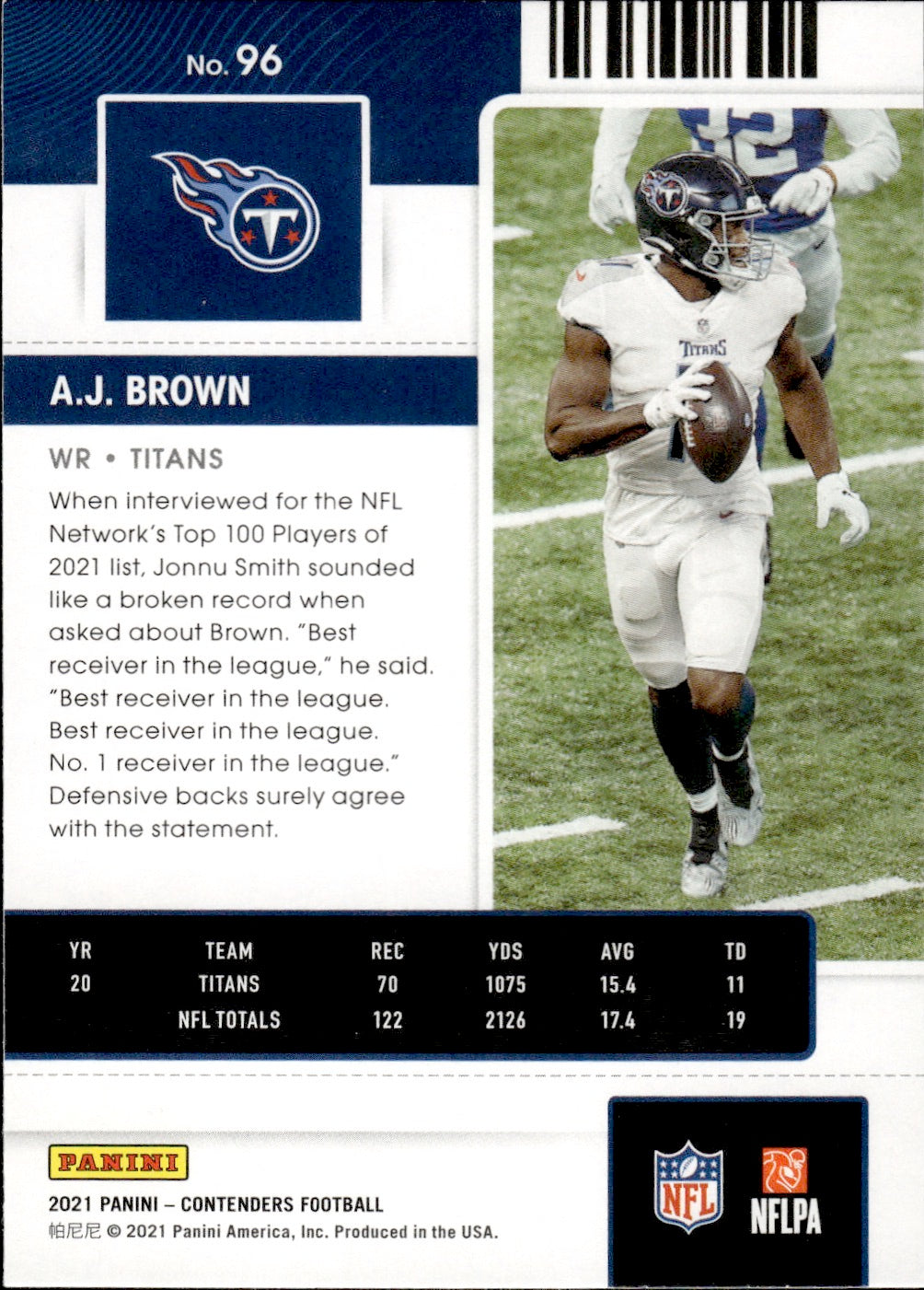 2021 Panini Contenders Football #96 A.J. Brown - Tennessee Titans