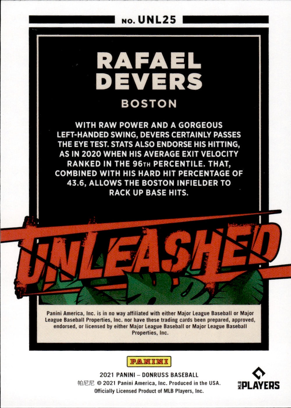 2021 Panini Donruss Baseball Unleashed #UNL25 Rafael Devers - Boston Red Sox