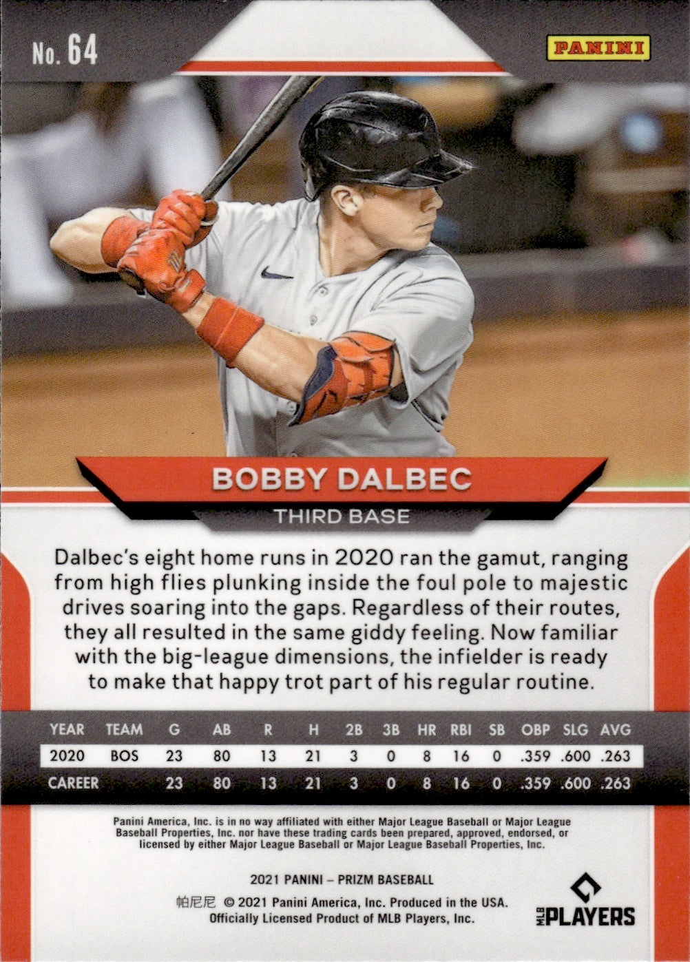 2021 Panini Prizm Baseball #64 Bobby Dalbec - Boston Red Sox