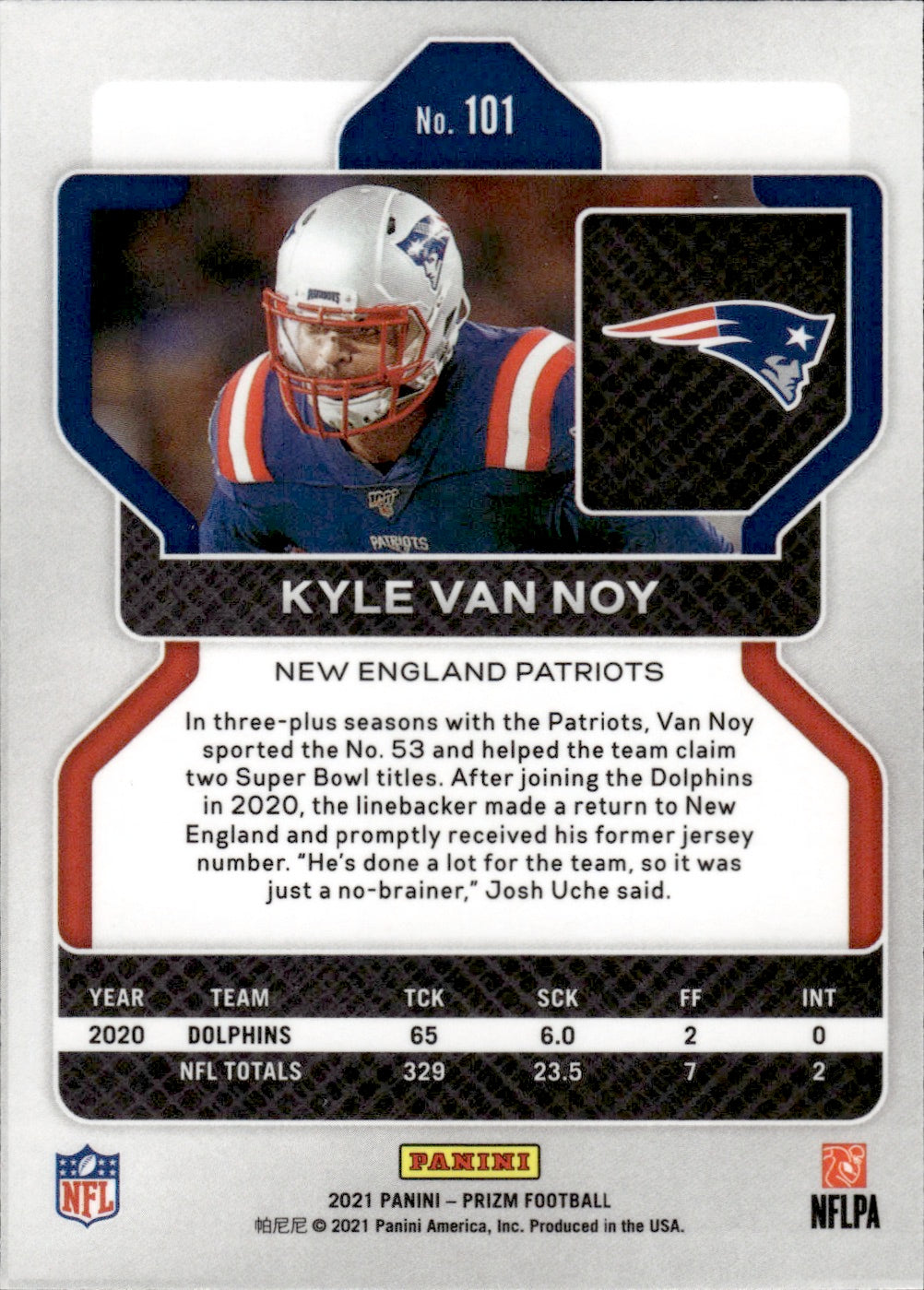 2021 Panini Prizm Football #101 Kyle Van Noy - New England Patriots