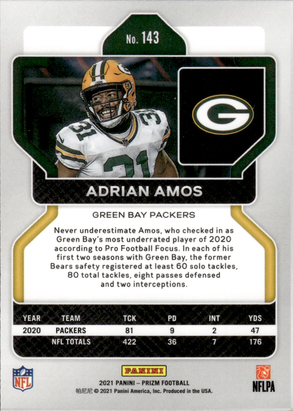 2021 Panini Prizm Football #143 Adrian Amos - Green Bay Packers