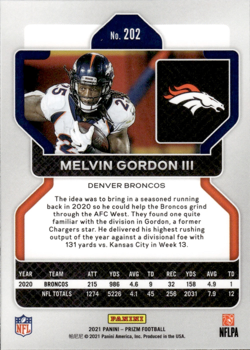 2021 Panini Prizm Football #202 Melvin Gordon III - Denver Broncos