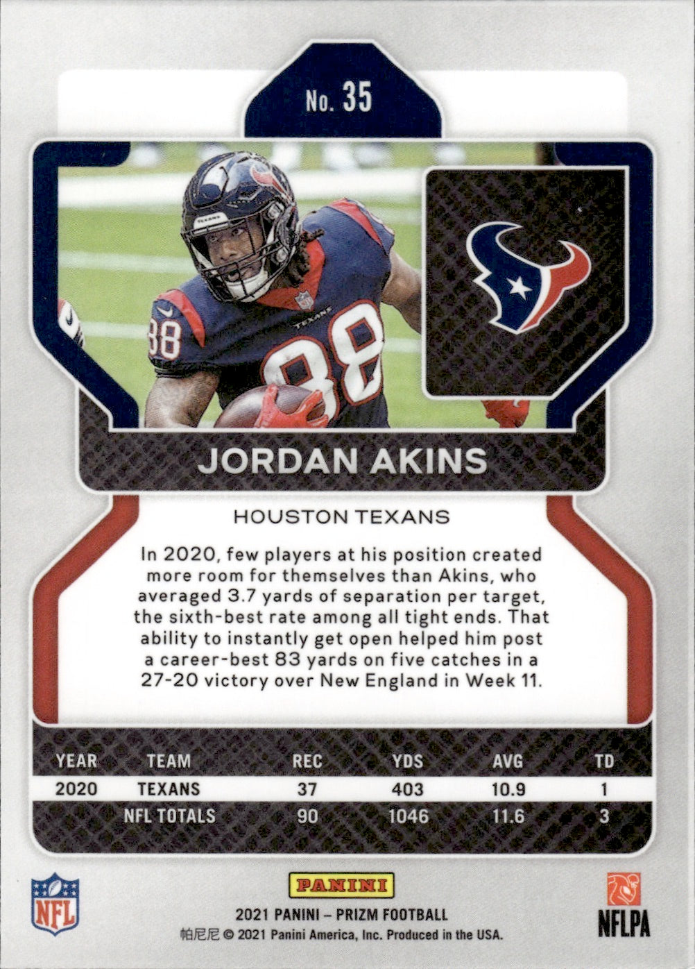 2021 Panini Prizm Football #35 Jordan Akins - Houston Texans