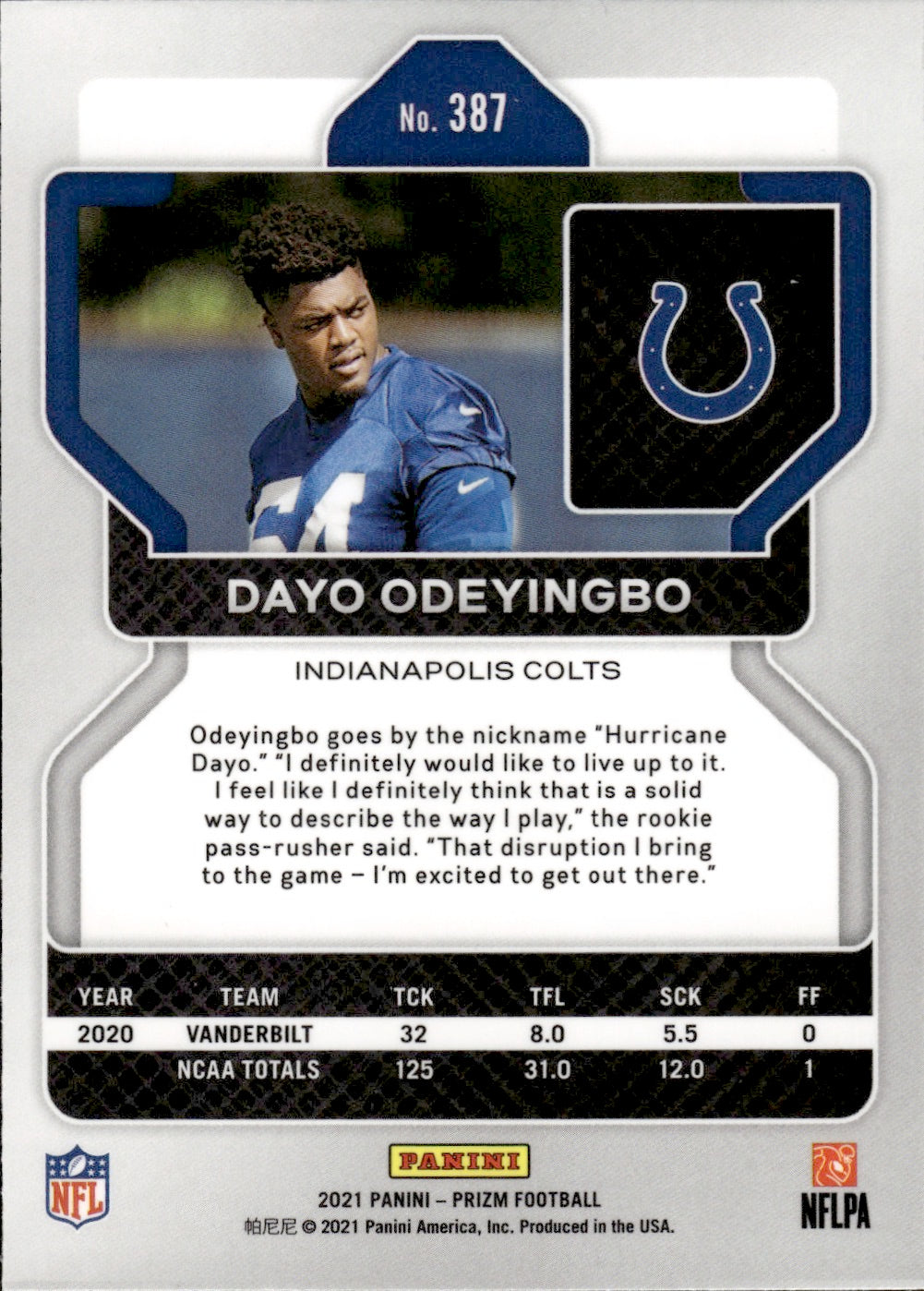 2021 Panini Prizm Football #387 - Dayo Odeyingbo - Indianapolis Colts