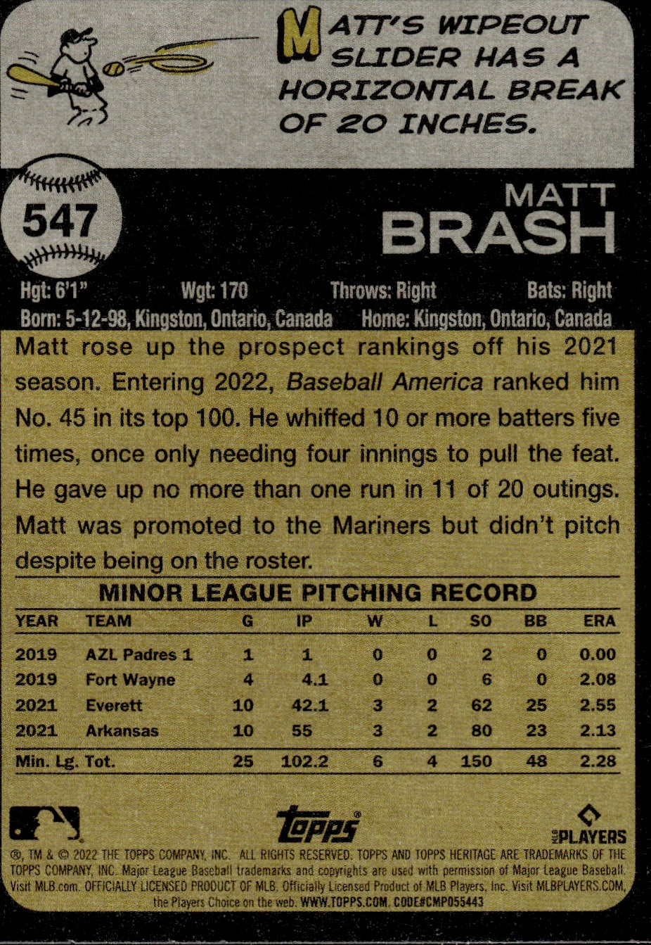 2021 Topps Heritage #547 Matt Brash - Seattle Mariners