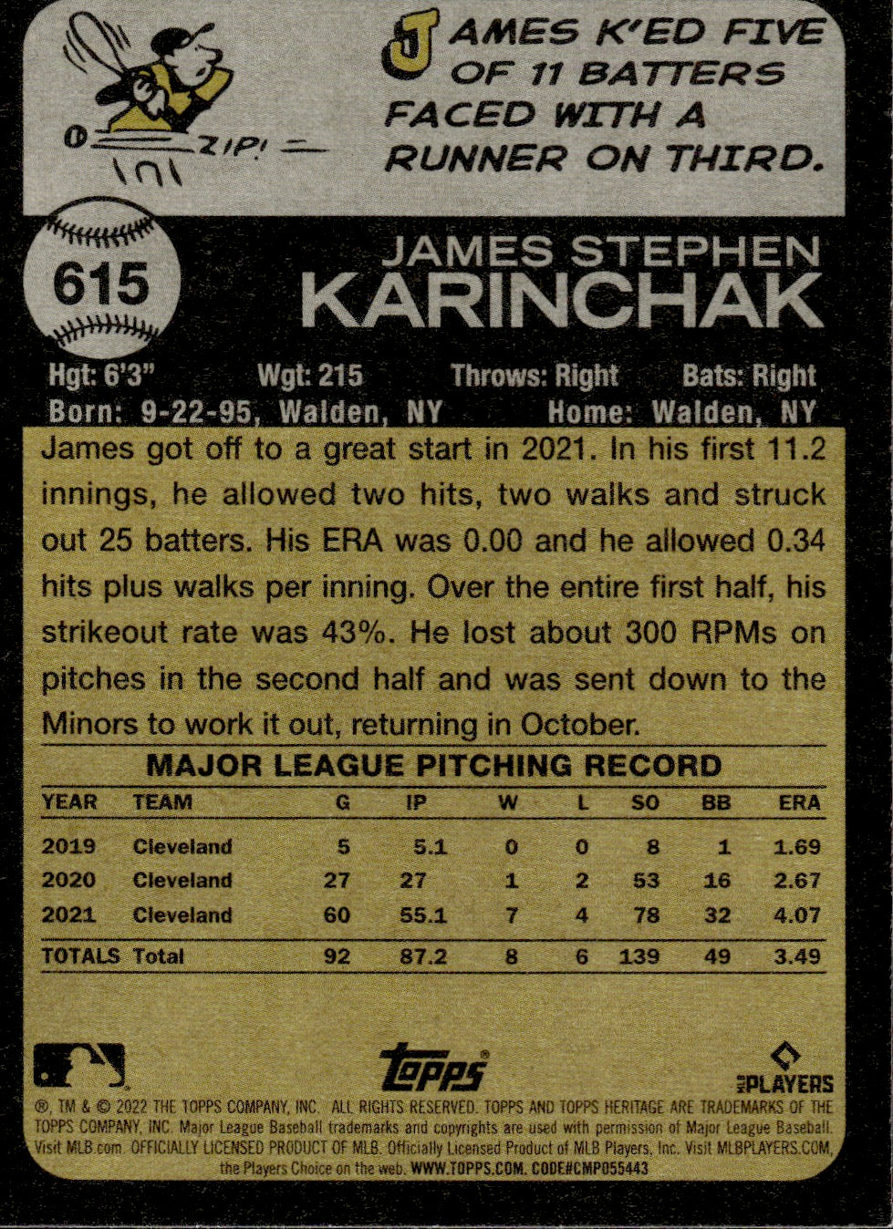 2021 Topps Heritage #615 James Karinchak - Cleveland Guardians