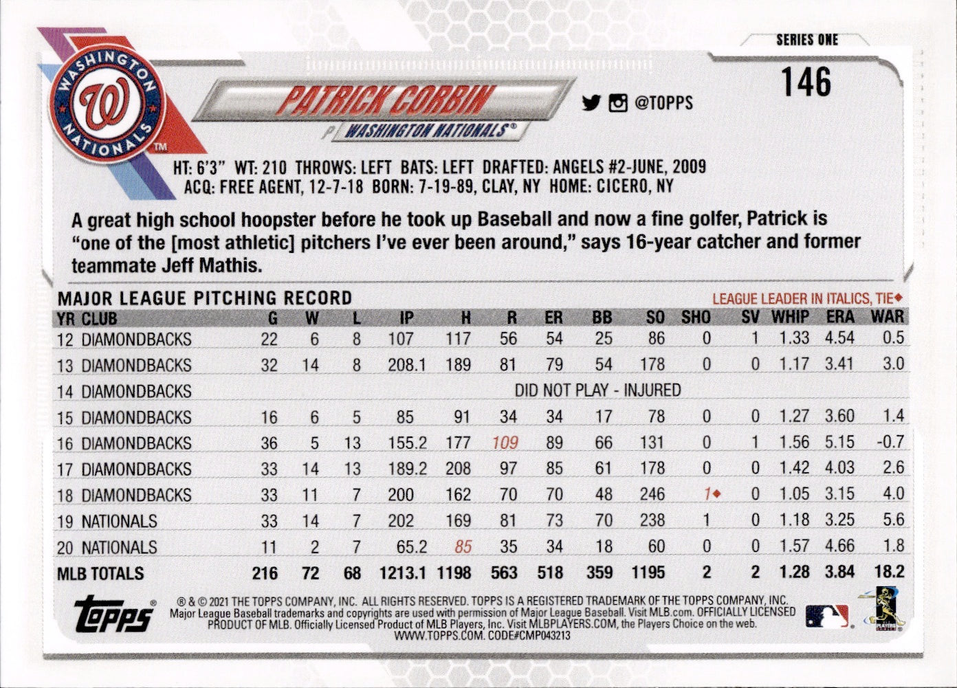 2021 Topps Series 1 Baseball - Base #146 Patrick Corbin - Washington Nationals