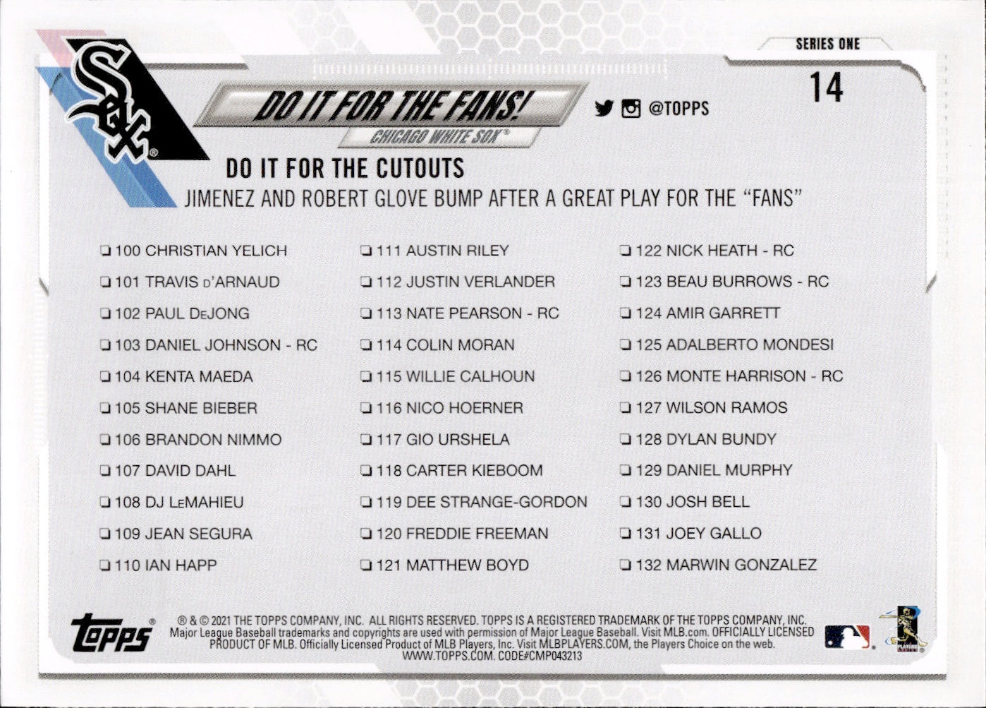 2021 Topps Series 1 Baseball - Base #14 Do It For The Fans - Chicago White Sox