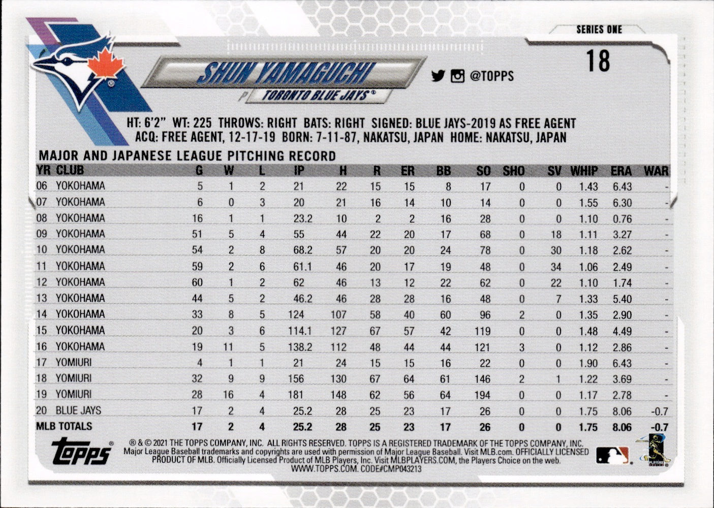 2021 Topps Series 1 Baseball - Base #18 Shun Yamaguchi - Toronto Blue Jays