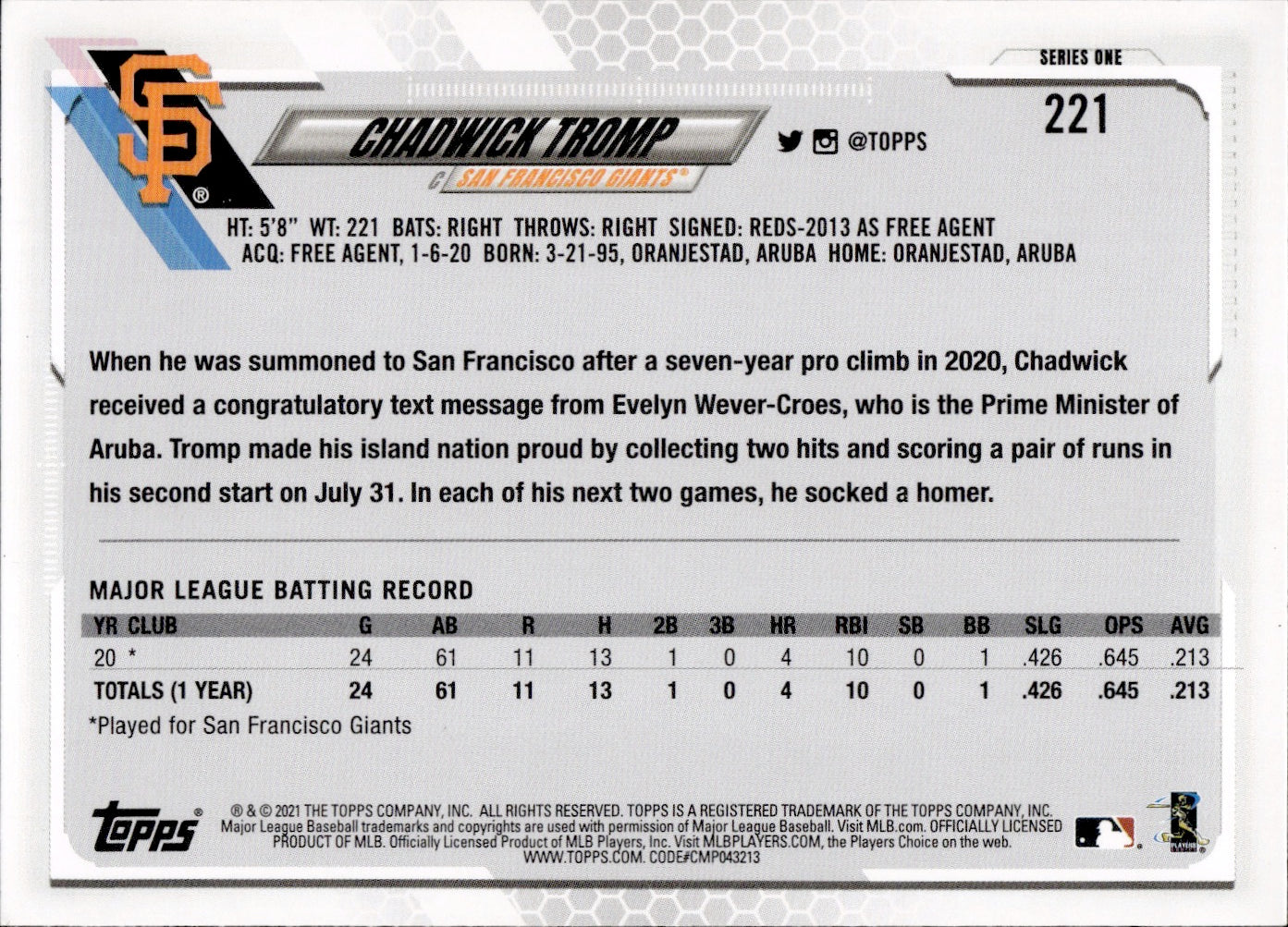 2021 Topps Series 1 Baseball - Base #221 Chadwick Tromp - San Francisco Giants