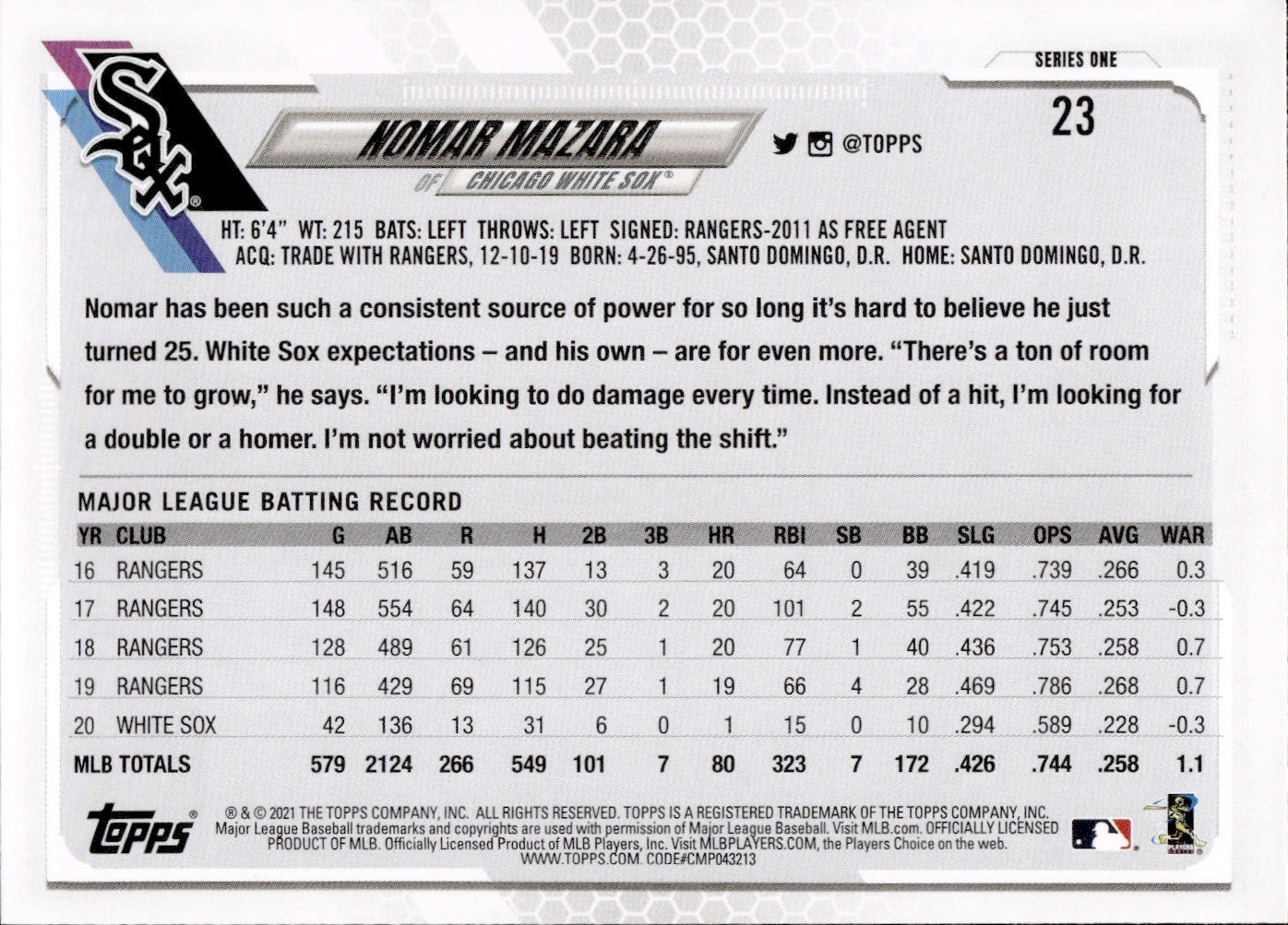 2021 Topps Series 1 Baseball - Base #23 Nomar Mazara - Chicago White Sox