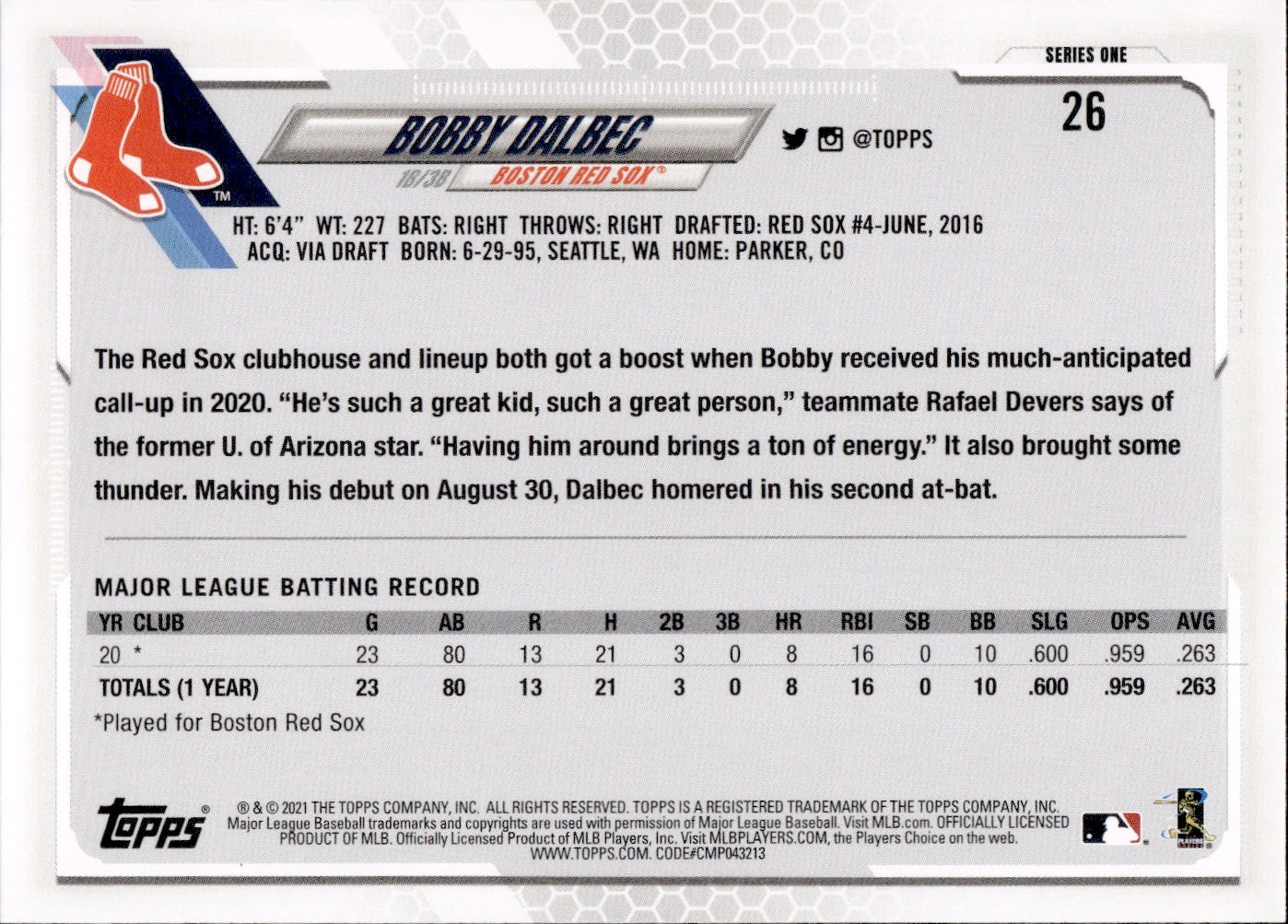 2021 Topps Series 1 Baseball - Base #26 Bobby Dalbec - Boston Red Sox