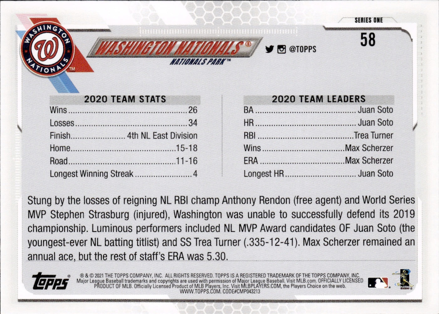 2021 Topps Series 1 Baseball - Base #58 Washington Nationals