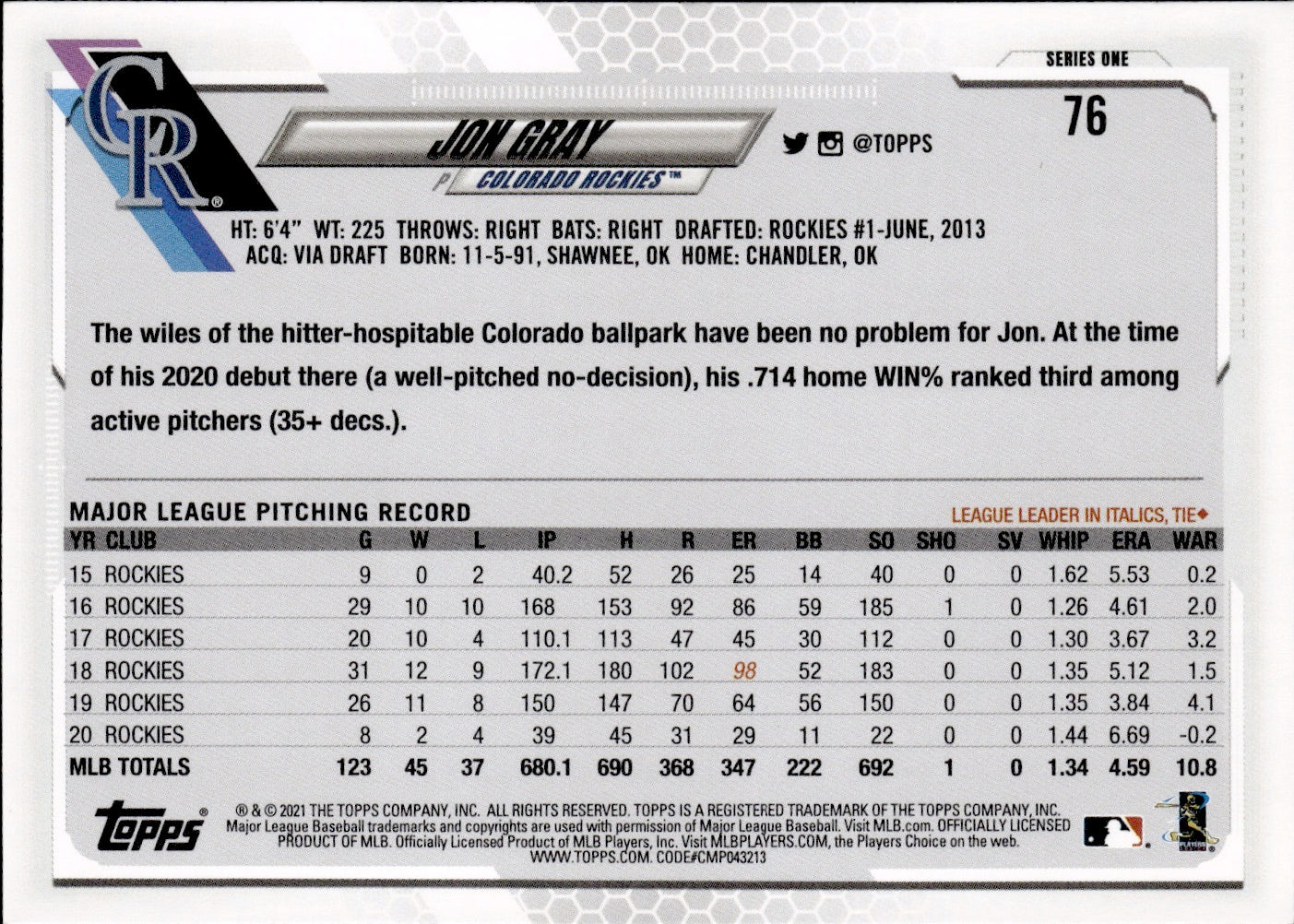 2021 Topps Series 1 Baseball - Base #76 Jon Gray - Colorado Rockies