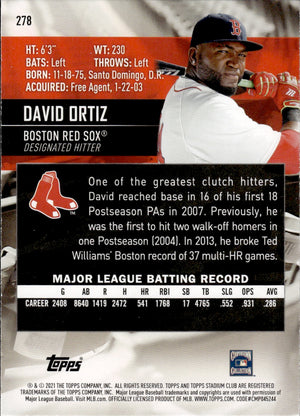 2021 Topps Stadium Club Baseball #278 David Ortiz - Boston Red Sox