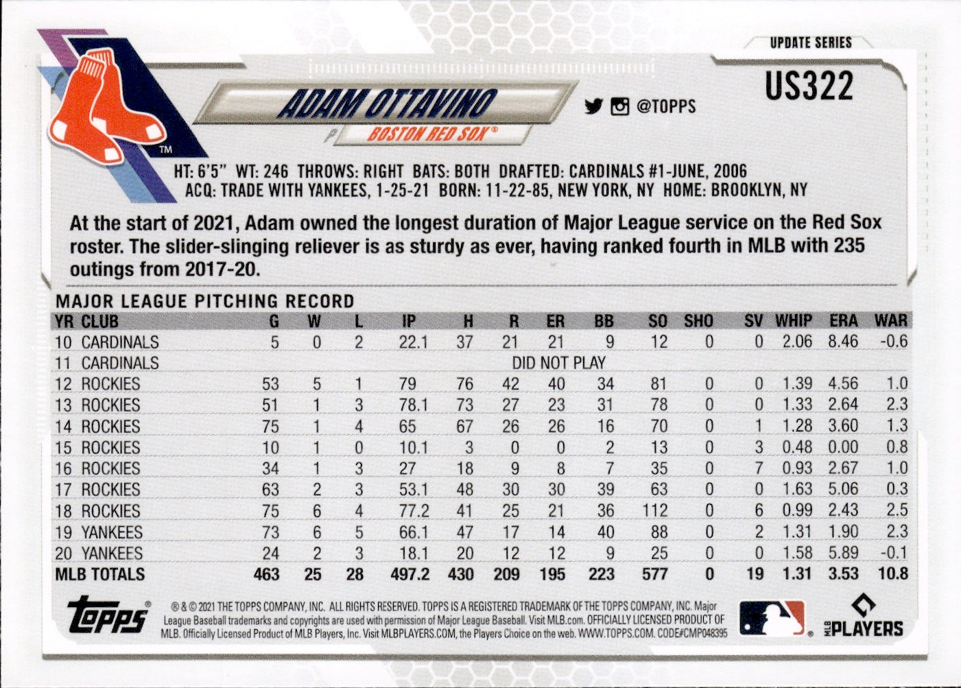 2021 Topps Update Series Baseball - Base #US322 Adam Ottavino - Boston Red Sox