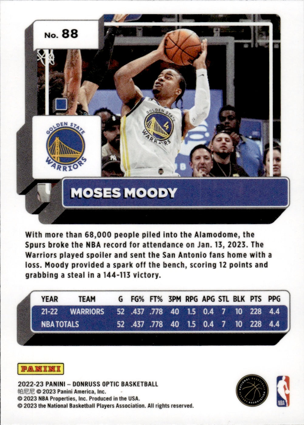 2022-23 Panini Donruss Optic Basketball #88 Moses Moody - Golden State Warriors