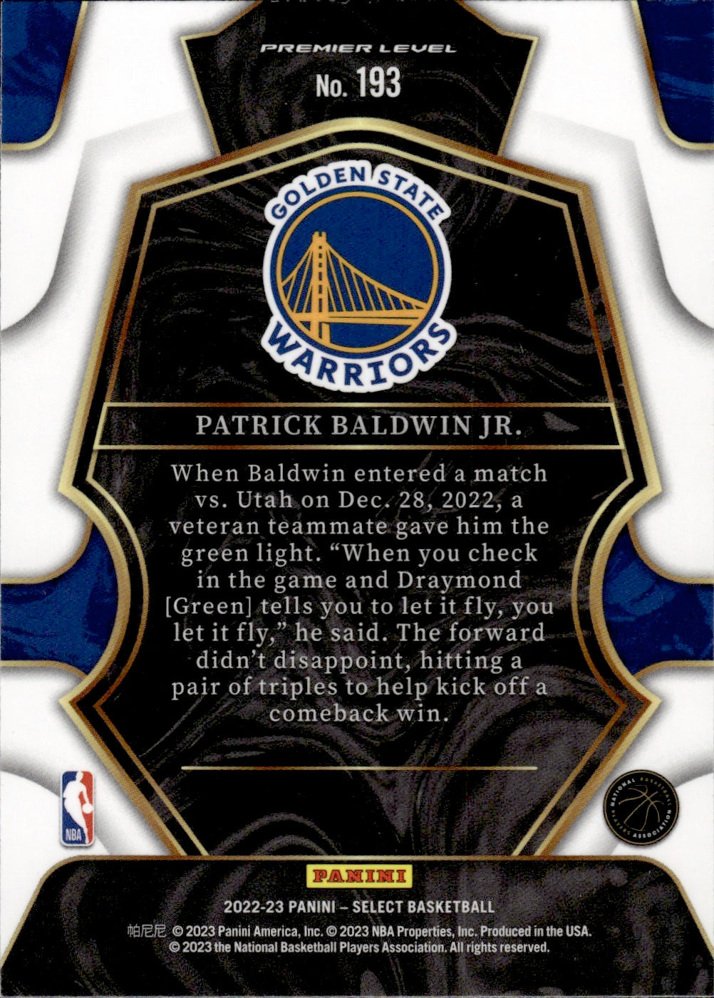 2022-23 Panini Select Basketball Premier Level #193 Patrick Baldwin Jr - Golden State Warriors