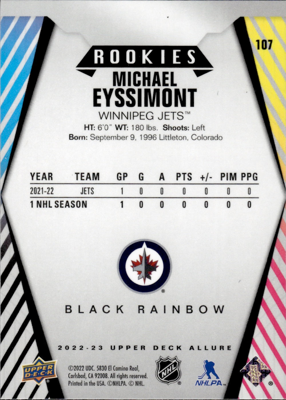 2022-23 Upper Deck Allure Hockey Black Rainbow Rookies #107 Michael Eyssimont - Winnipeg Jets