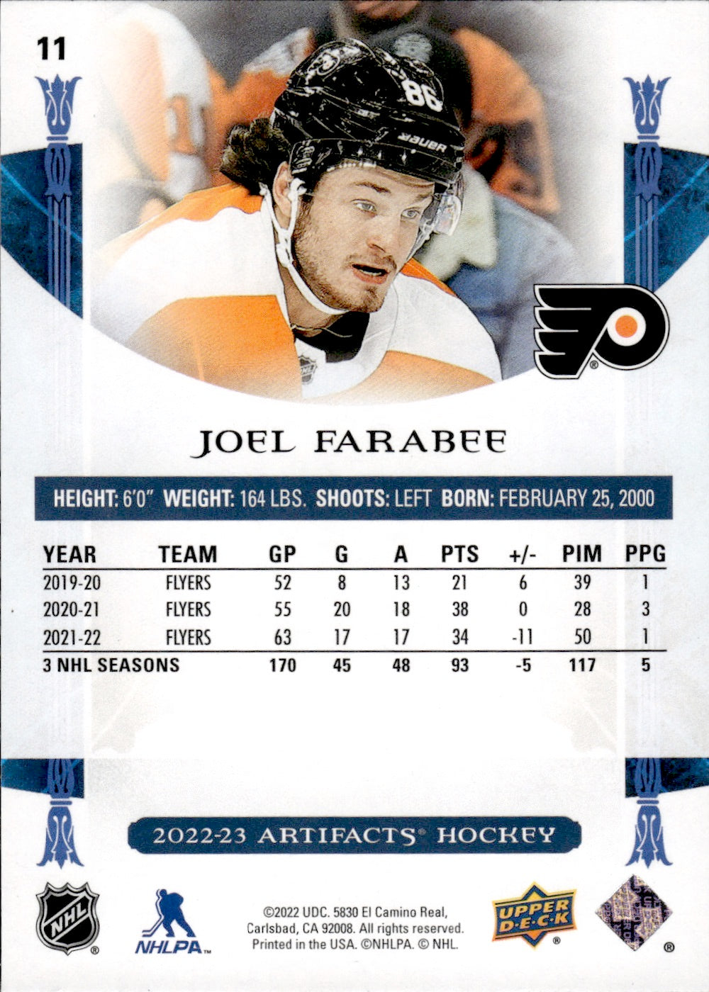 2022-23 Upper Deck Artifacts Hockey Base #11 Joel Farabee - Philadelphia Flyers