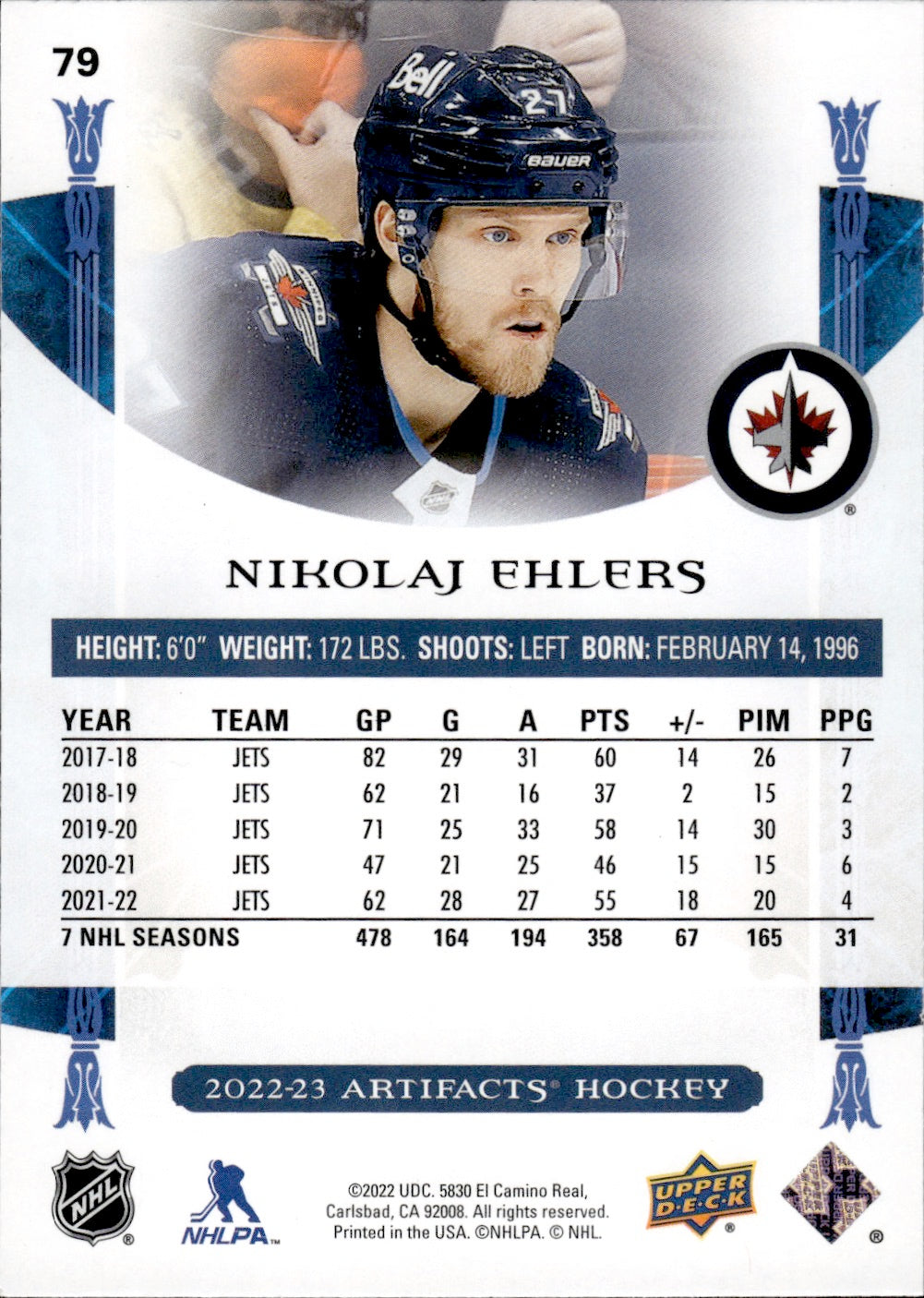 2022-23 Upper Deck Artifacts Hockey Base #79 Nikolaj Ehlers - Winnipeg Jets