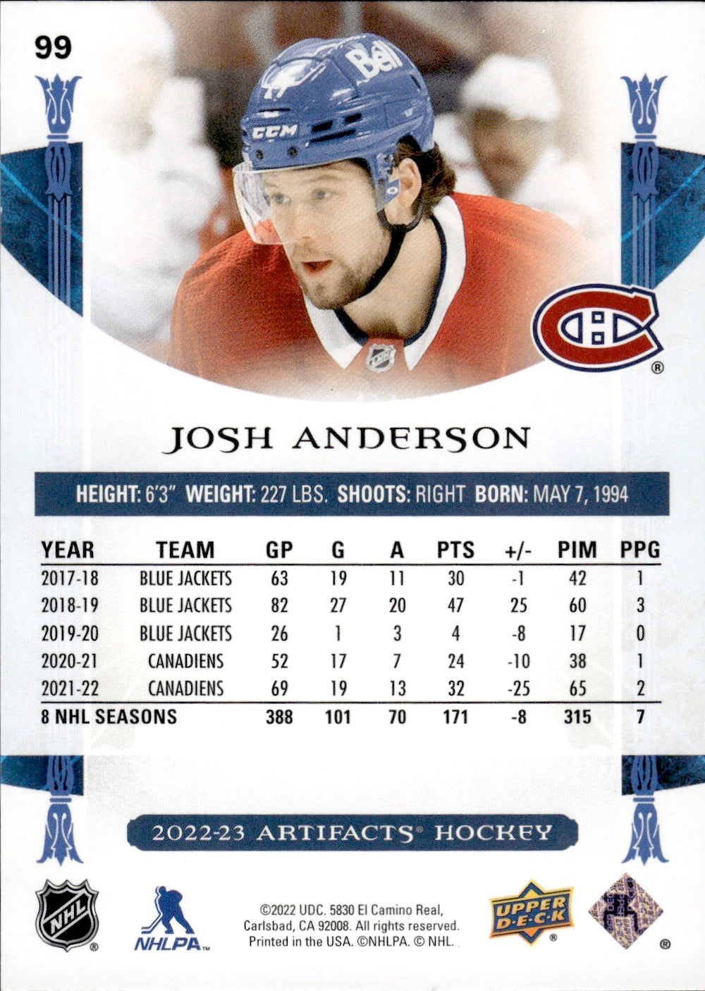 2022-23 Upper Deck Artifacts Hockey Base #99 Josh Anderson - Montreal Canadiens