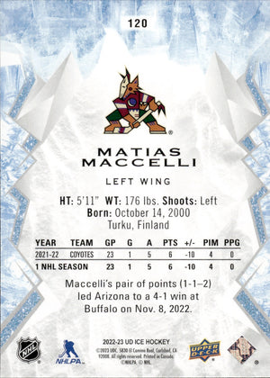 2022-23 Upper Deck Ice Hockey - Base - Pink - Rookie #120 Matias Maccelli - Arizona Coyotes