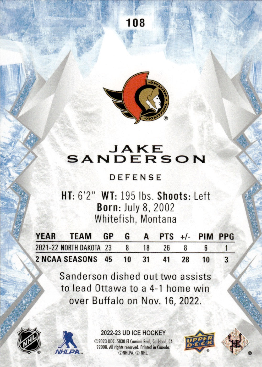 2022-23 Upper Deck Ice Hockey - Base - Rookie #108 Jack Sanderson - Ottawa Senators