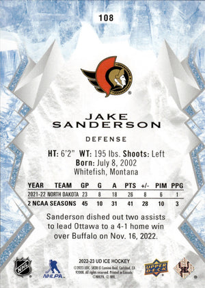 2022-23 Upper Deck Ice Hockey - Base - Rookie #108 Jack Sanderson - Ottawa Senators