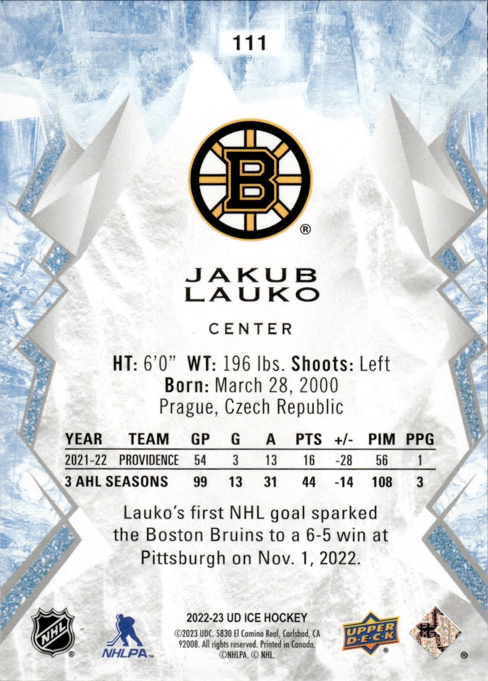 2022-23 Upper Deck Ice Hockey - Base - Rookie #111 Jakub Lauko - Boston Bruins