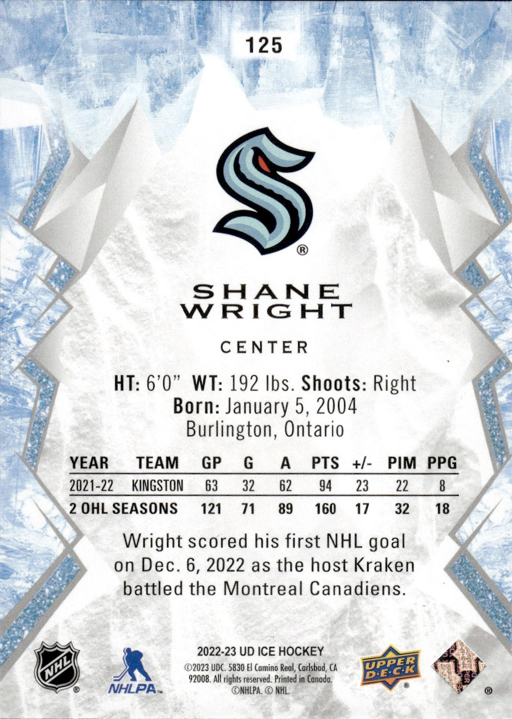 2022-23 Upper Deck Ice Hockey - Base - Rookie #125 Shane Wright - Seattle Kraken