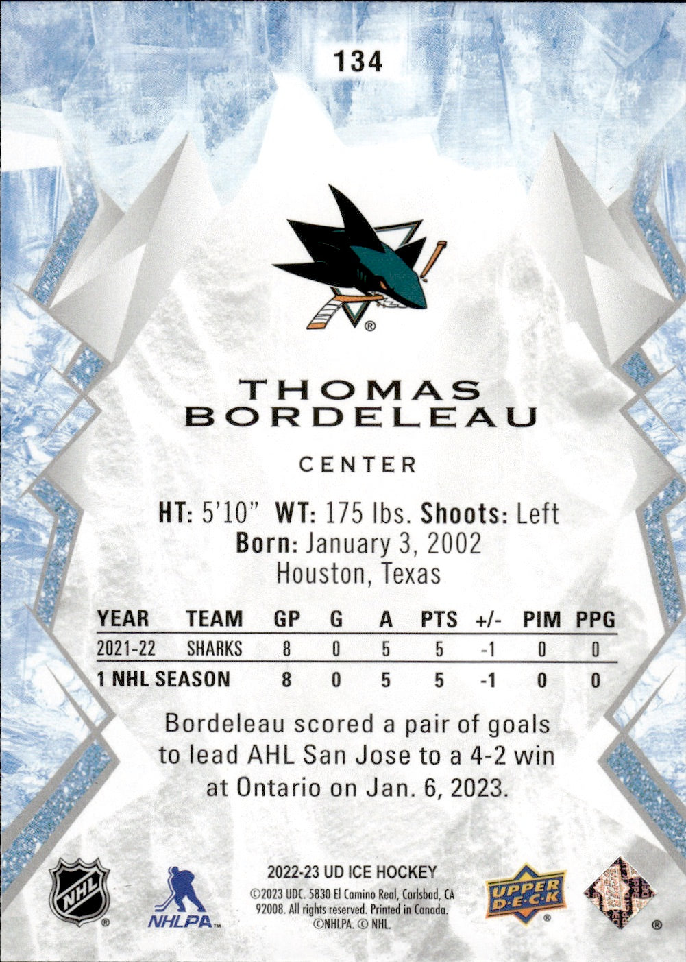 2022-23 Upper Deck Ice Hockey - Base - Rookie #134 Thomas Bordeleau - San Jose Sharks