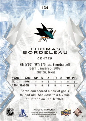 2022-23 Upper Deck Ice Hockey - Base - Rookie #134 Thomas Bordeleau - San Jose Sharks