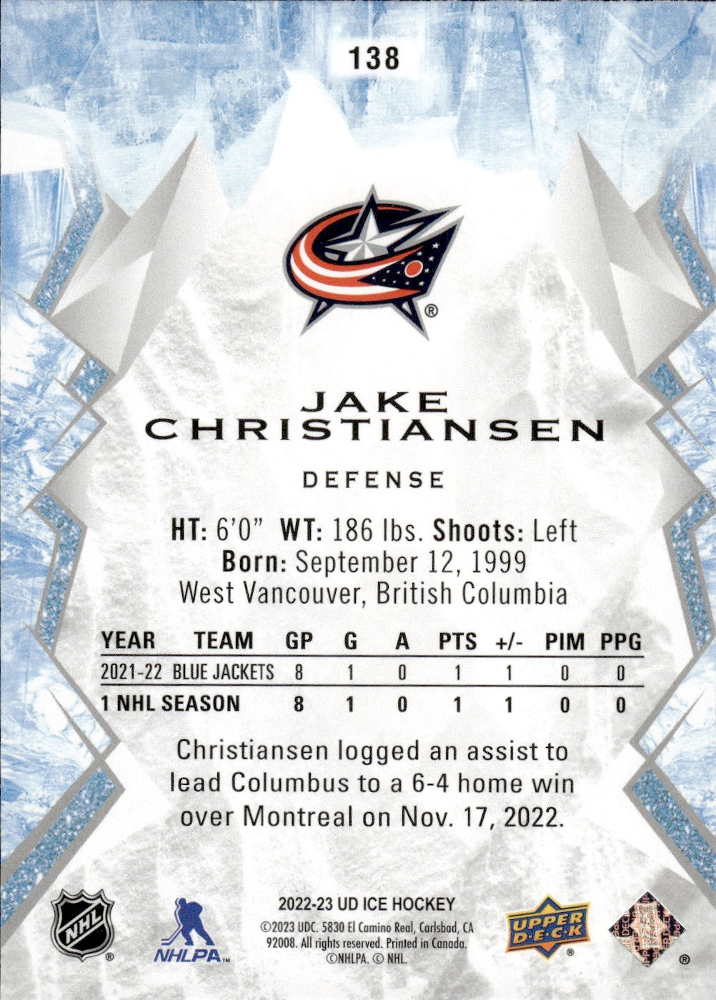 2022-23 Upper Deck Ice Hockey - Base - Rookie #138 Jake Christansen - Columbus Blue Jackets