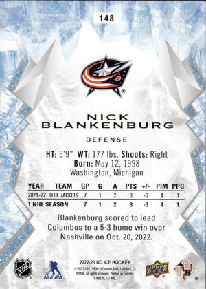2022-23 Upper Deck Ice Hockey - Base - Rookie #148 Nick Blankenburg - Columbus Blue Jackets