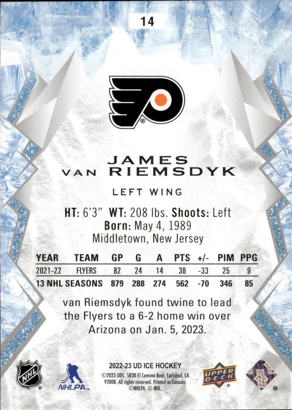 2022-23 Upper Deck Ice Hockey - Base #14 James Van Riemsdyk - Philadelphia Flyers