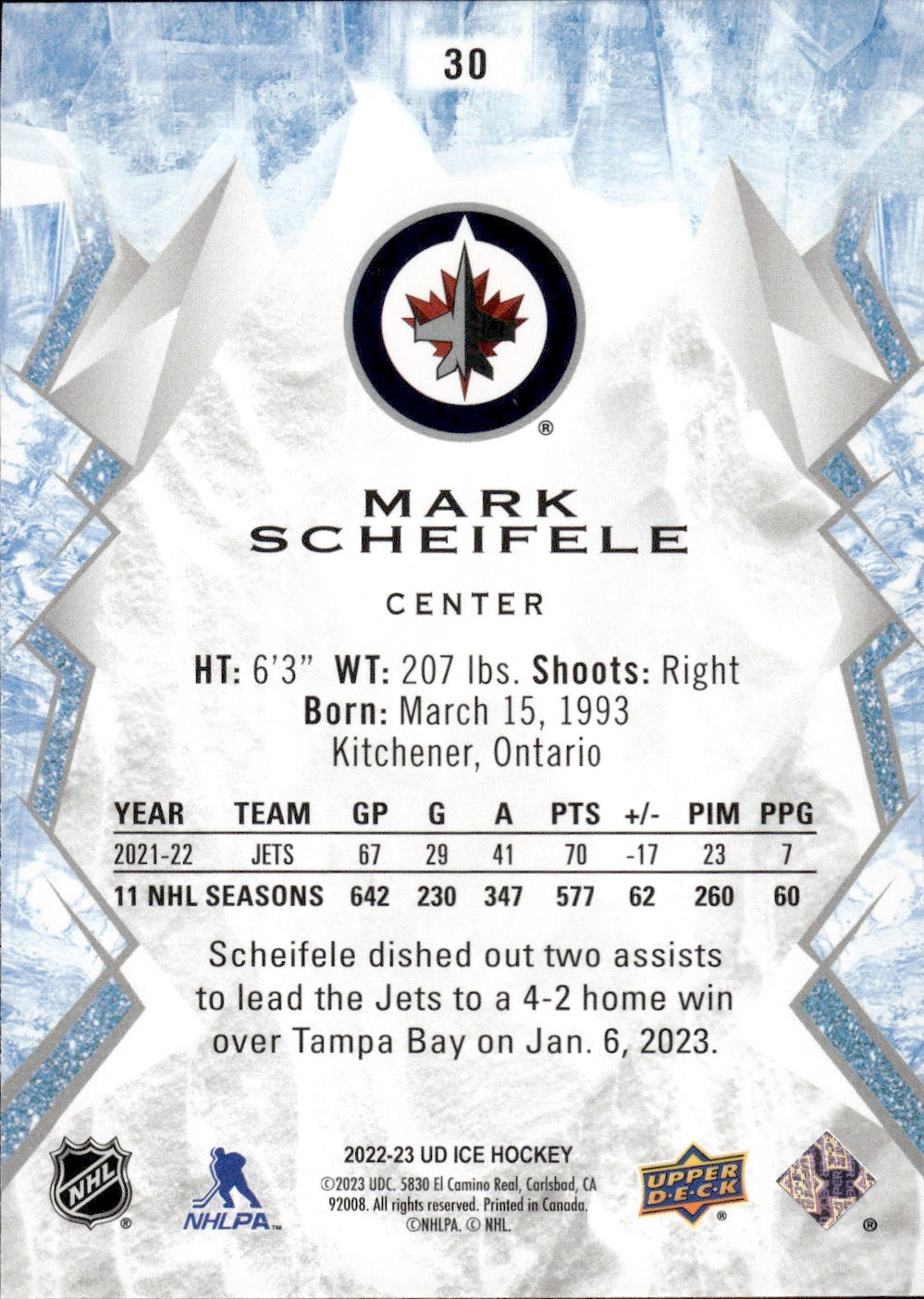 2022-23 Upper Deck Ice Hockey - Base #30 Mark Scheifele - Winnipeg Jets