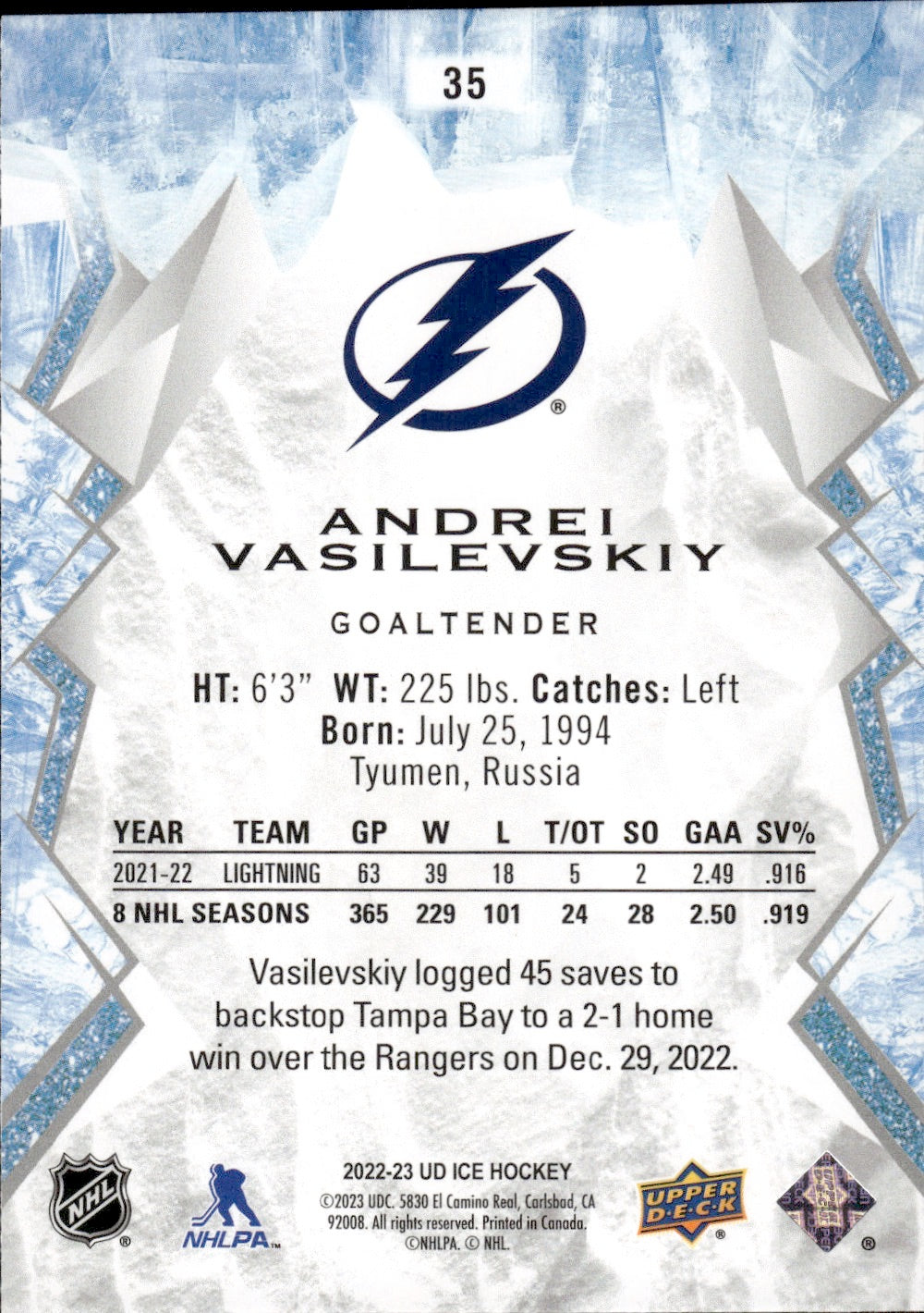 2022-23 Upper Deck Ice Hockey - Base #35 Andrei Vasilevskiy - Tampa Bay Lightning