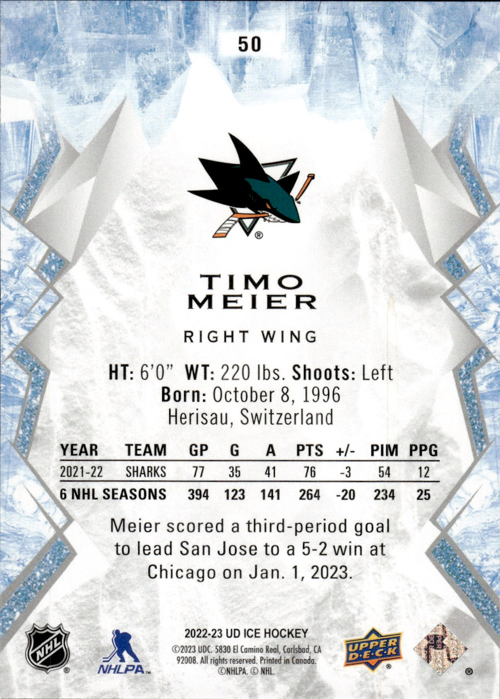 2022-23 Upper Deck Ice Hockey - Base #50 Timo Meier - San Jose Sharks