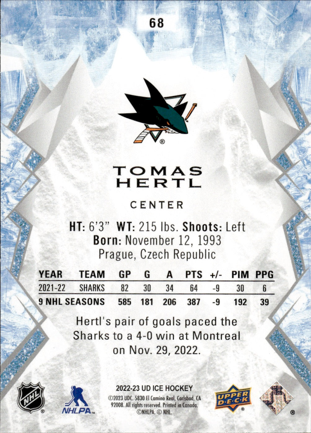 2022-23 Upper Deck Ice Hockey - Base #68 Tomas Hertl - San Jose Sharks