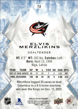 2022-23 Upper Deck Ice Hockey - Base #72 Elvis Merzlikins - Columbus Blue Jackets