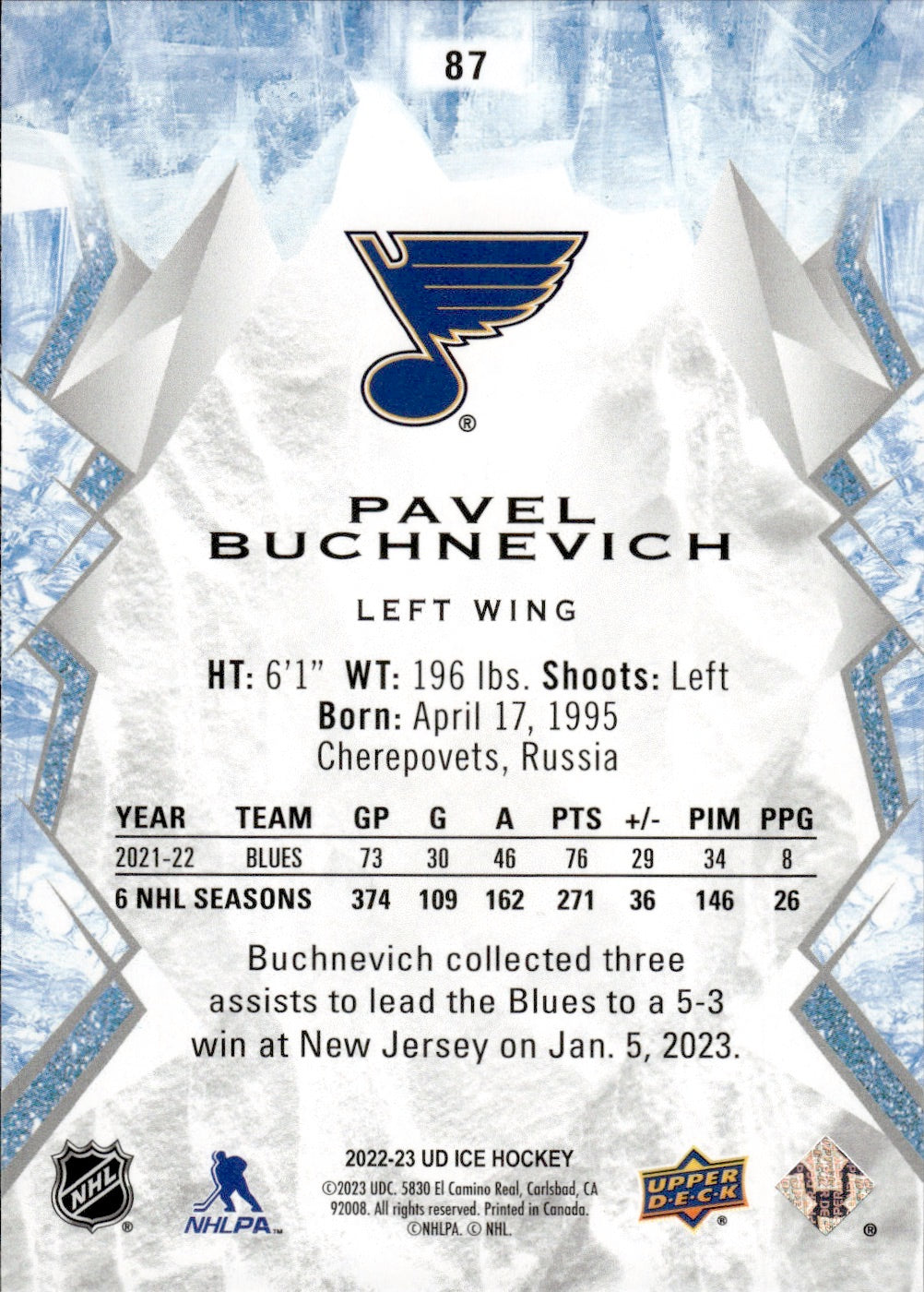 2022-23 Upper Deck Ice Hockey - Base #87 Pavel Buchnevich - St. Louis Blues