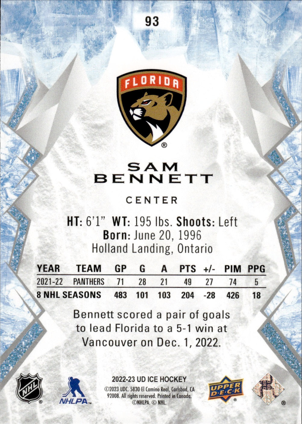 2022-23 Upper Deck Ice Hockey - Base #93 Sam Bennett - Florida Panthers