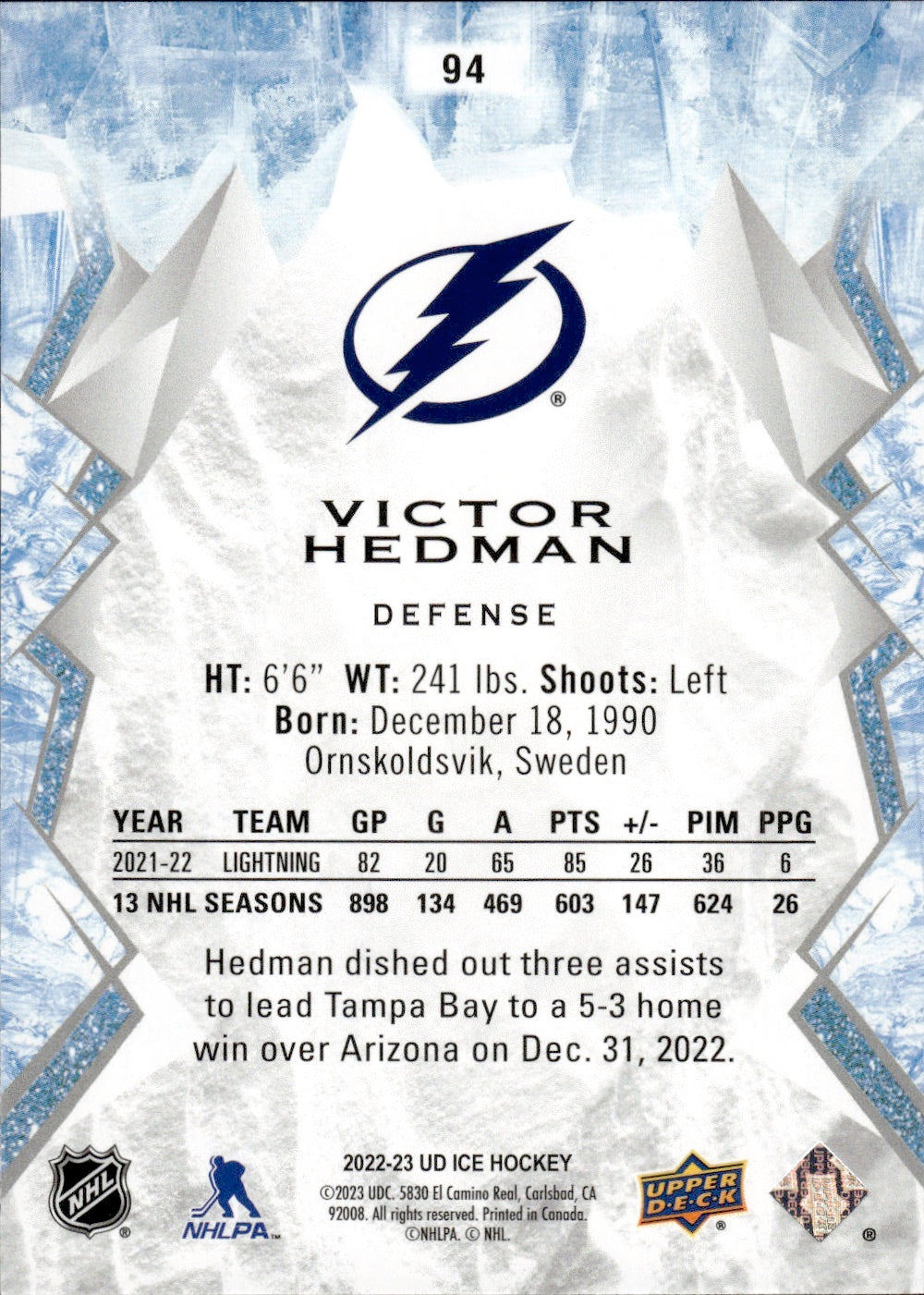 2022-23 Upper Deck Ice Hockey - Base #94 Victor Hedman - Tampa Bay Lightning