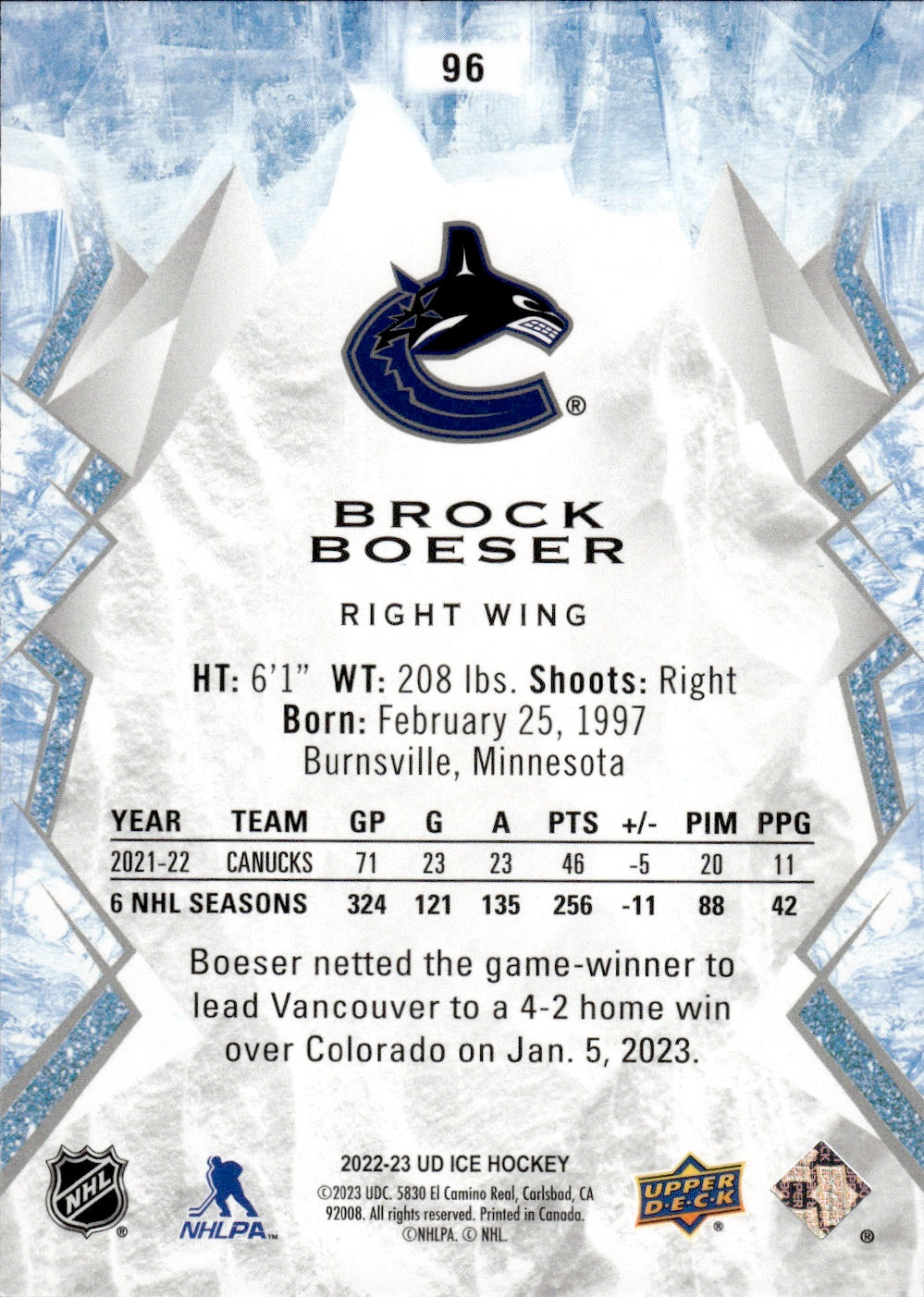 2022-23 Upper Deck Ice Hockey - Base #96 Brock Boeser - Vancouver Cunucks