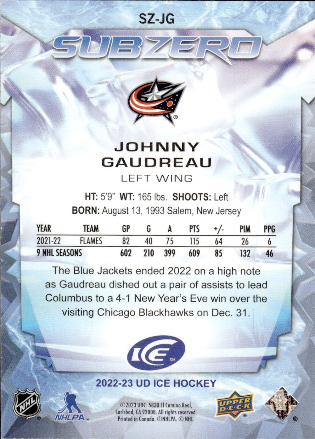 2022-23 Upper Deck Ice Hockey - Sub Zero #SZ-JG Johnny Gaudreau - Columbus Blue Jackets